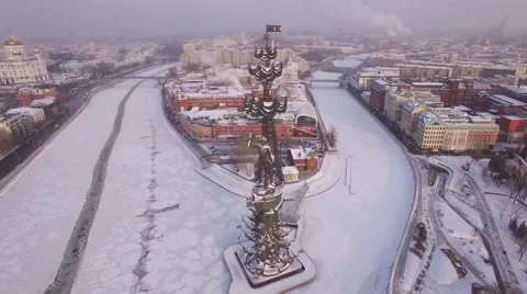 Monument to Peter the Great. Above WINTER Moscow city Aerial Stock Footage 60440646