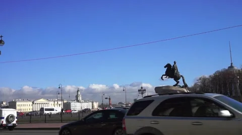 Monument to Peter the Great and Neva river quay at the distance, St. Petersburg Stock Footage 40701436