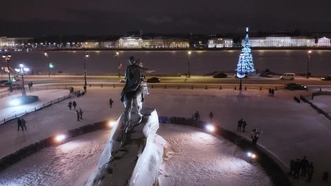 Monument to Peter the Great "bronze horseman" in St. Petersburg. The Christmas Stock Footage