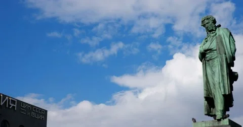 The monument to Pushkin on a background of white clouds, Moscow, city сenter Video stock 67284989