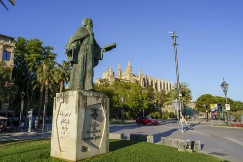 Monument to Ramon Llull with the cathedral in the background monument to R... Stock Photos