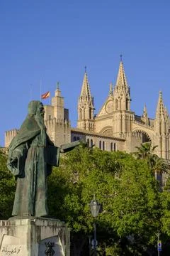 Monument to Ramon Llull with the cathedral in the background monument to R... Stock Photos