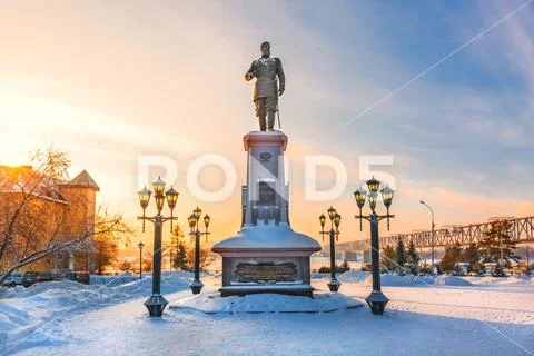 Monument to the Russian Emperor Alexander the Third. Novosibirsk, Russia Stock Photos