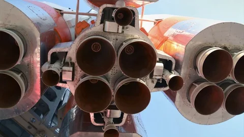 Monument of russian space rocket Vostok one, space rocket engine Stock Footage 85306454