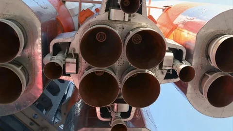 Monument of russian space rocket Vostok one, space rocket engine Stock Footage 85306458