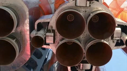 Monument of russian space rocket Vostok one, space rocket engine Stock Footage 85306519