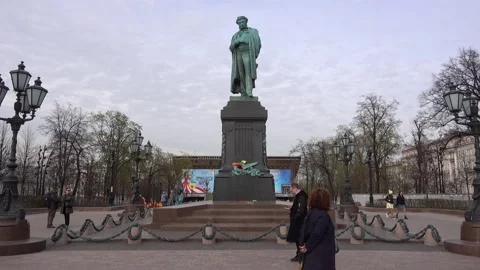 Monument to A.S. Pushkin on Pushkin Square, Russian poet. Russia Moscow Stock Footage 154031725