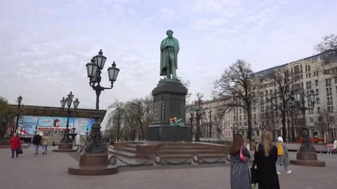 Monument to A.S. Pushkin on Pushkin Square, Russian poet.  Moscow Stock Footage 154032131