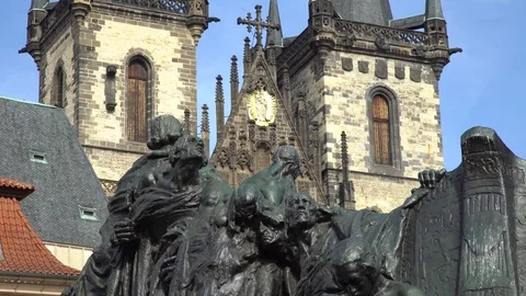 Monument with St. Teyn gothic cathedral background, Prague, Czech Republic Stock Footage 79160221