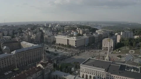 Monument statue at the Independence Square in Kyiv. Ukraine. Aerial. Summer Stock Footage 200990196