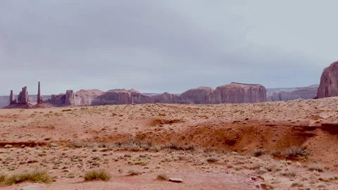 Monument Valley Pan from Three Sisters to Stagecoach with Zoom Stock Footage 309050117
