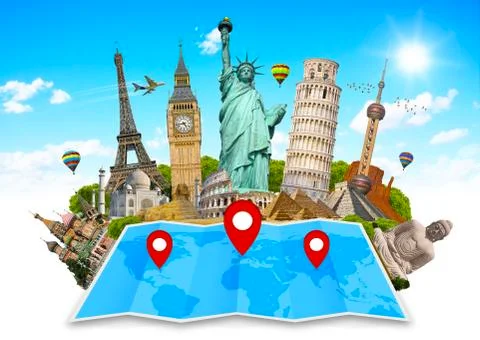 Monument of the world on a map Illustrazione stock