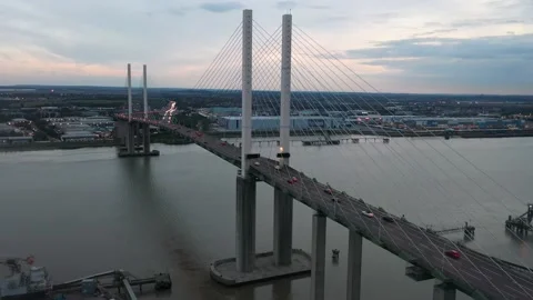 Monumental cable-stayed bridge spanning Thames river Video stock 161130794