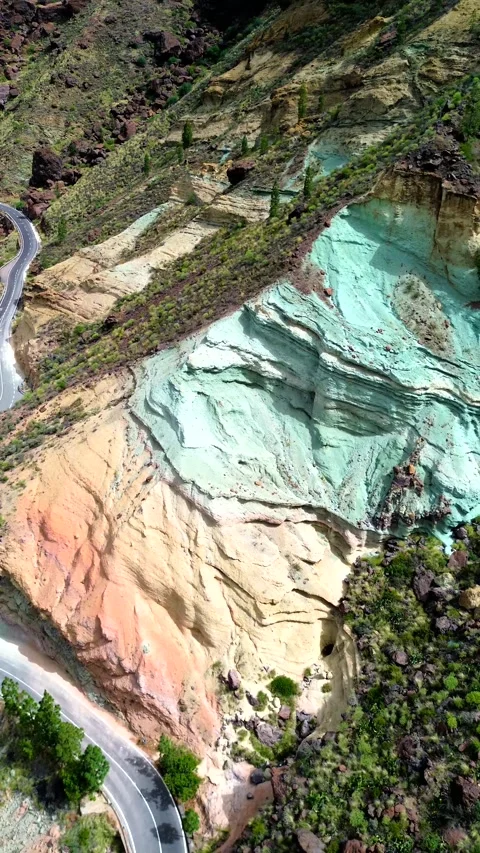 Monumento Natural Azulejos de Veneguera ( rainbow rocks ), Gran Canaria, Spain Stock Footage 261842853