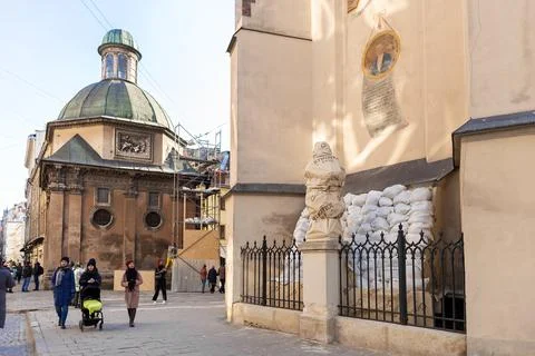 Monuments are covered to be protected from bombing Stock Photos