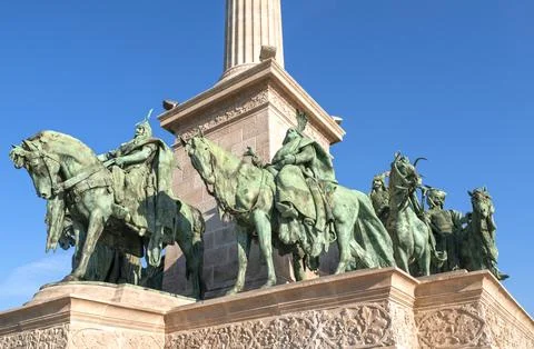 Monuments at the Heroes square in Budapest and statues Stock Photos