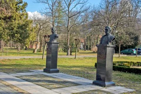 Monuments to King Peter and Alexander in the park Stock Photos