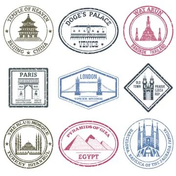 Monuments Stamps Set Stock Illustration