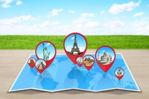 Monuments of the world on a map Stock Photos