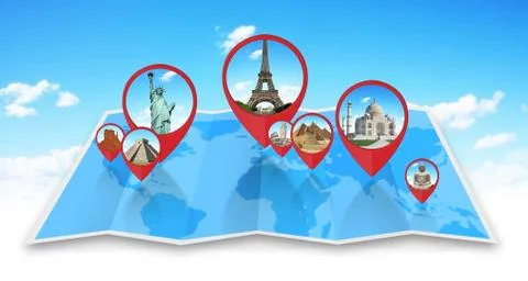 Monuments of the world on a map Stock Photos