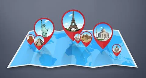 Monuments of the world on a map Stock Photos