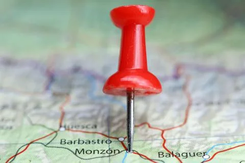 Monzon, Spain pin on map Stock Photos