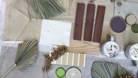 Mood board creation with natural materials in beige palette and green accents –  Stock-Footage 312068938