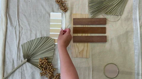 Mood board creation with natural materials in beige palette and green accents –  Stock Footage 312069020