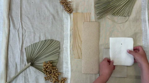 Mood board creation with natural materials in beige palette and green accents –  Stock-Footage 312069404