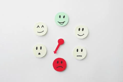 Mood indicator on white background, flat lay. Emotional management Stock Photos