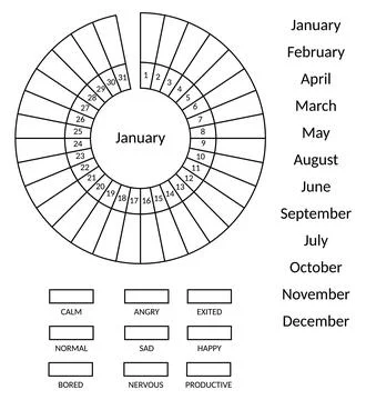 Mood tracker blank with numbers and months. Bullet journal monochrome templat Illustrazione stock