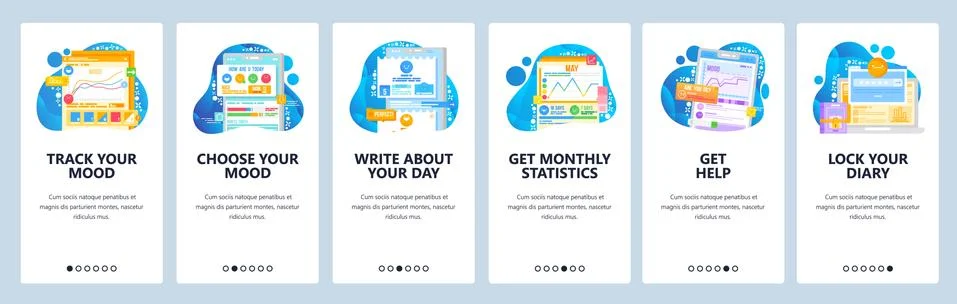 Mood tracker website and mobile app onboarding screens vector template Stock Illustration