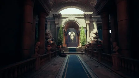 Moodily graded scene features carved lions and dramatic perspective Stock Footage 331531489