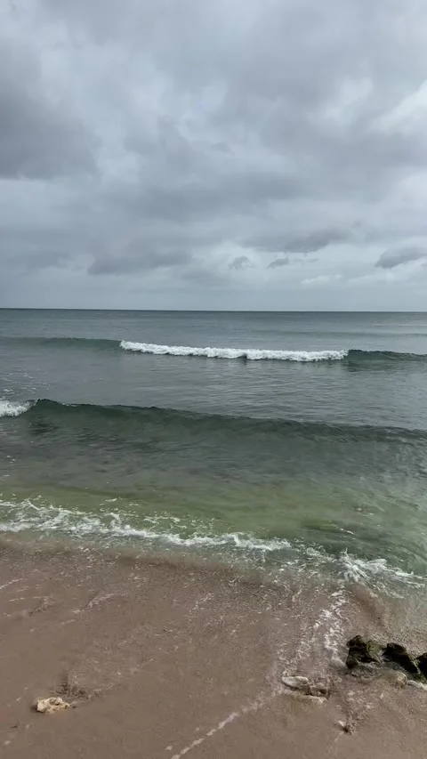 Moody Caribbean Beach Waves Under Stormy Sky, Barbados Stock Footage 338410584