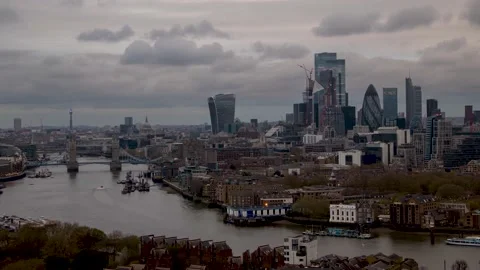 Moody day to night timelapse view of the Tower Bridge and City of London Stock Footage 189830375
