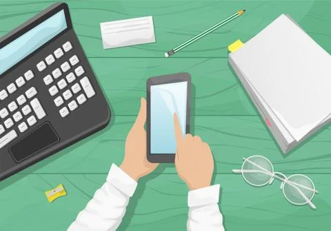 Moody flat lay background with workplace. Light green wooden background Illustrazione stock