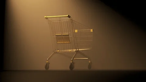 "Moody, foggy, dramatic shot of an empty metal shopping cart in a spotlight. Stock Footage 94589368