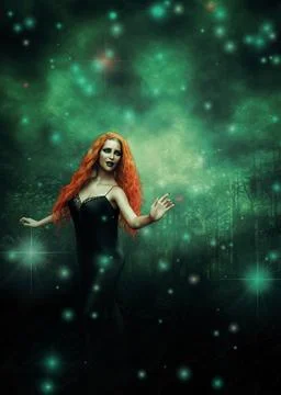 Moody forest and redhead witch 스톡 일러스트