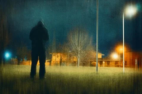 A moody hooded figure, back to camera. Standing on the edge of a town Stock Illustration