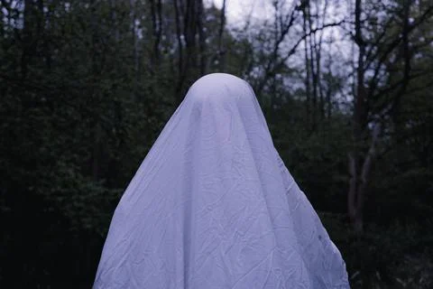 A moody horror edit of a ghost with a sheet over it's head. Stock Photos