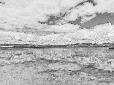 Moody lake with dramatic clouds and calm water reflection Stock Illustration