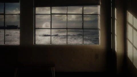 Moody Loft Interior Large Window Overlooking Ocean Horizon And Moonlit Seascape Stock Footage 341861653