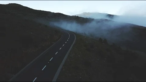 Moody Mountain Valley Highway Lowland Fog Aerial Stock Footage