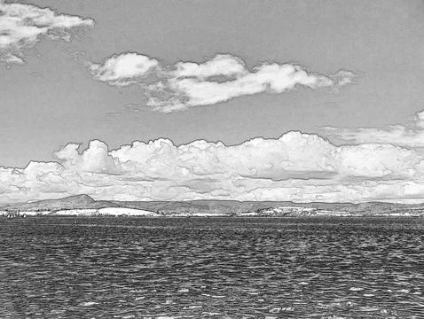 Moody ocean view with clouds over distant coastline Stock Illustration