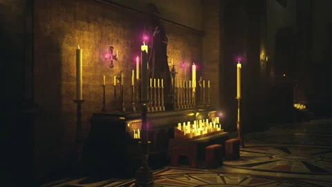 Moody pathway illuminated by clustered candles and textured flooring Stock Footage 343615412