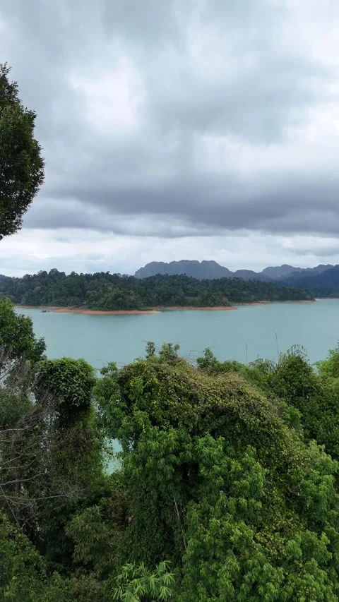 Moody Tropical Lake View on Cloudy Day in Khao Sok, Thailand Stock Footage 335965005