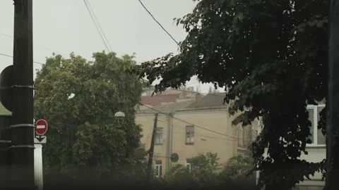 A moody urban scene featuring trees, tall buildings, and street signals, all Stock Footage 315900067