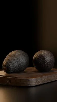 Moody vertical 3D render of avocados on wooden board with rustic food styling Stock Illustration