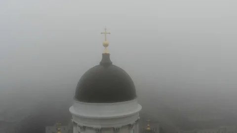 Moody winter landscape while drone flies around Helsinki Cathedral dome in Finla Stock Footage 113122511