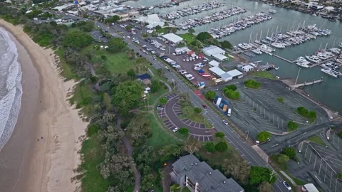 Mooloolaba Beach and marina aerial view at dusk, Sunshine Coast Queensland Stock Footage 333444574